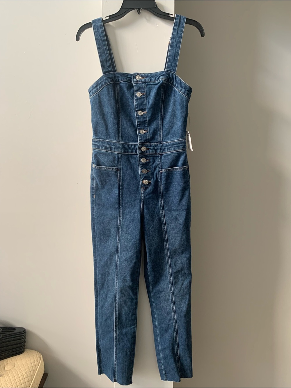 NWT Vintage Express Medium Wash Button Front Slim Denim Overalls